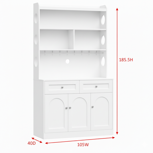 White Kitchen Pantry Cabinet with Hutch, Coffee Bar Station, 185.5cm Height Storage Organizer, Adjustable Shelves, 8 Mug Hooks, Modern Farmhouse Design