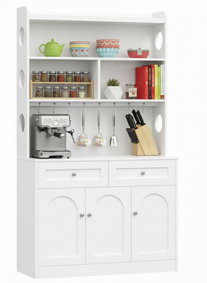 White Kitchen Pantry Cabinet with Hutch, Coffee Bar Station, 185.5cm Height Storage Organizer, Adjustable Shelves, 8 Mug Hooks, Modern Farmhouse Design