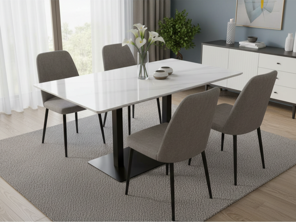 Rectangular Sintered Stone Dining Table with Faux Marble Ceramic Top, Black Pedestal Base (Seats 4-6) Multi Market World Inc.