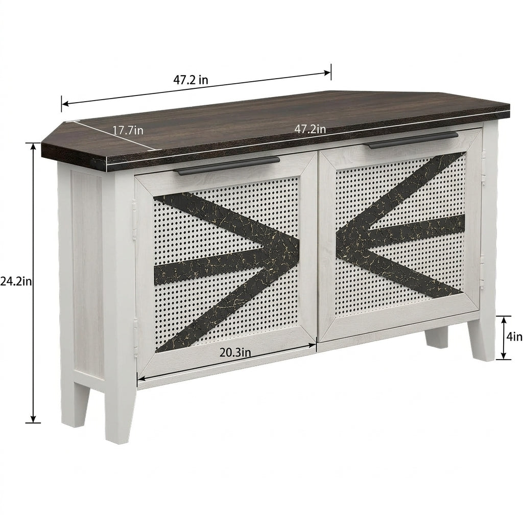 47" Farmhouse Corner TV Stand/ Accent Cabinet with Mesh Doors & Dark Wood Top - White Multi Market World Inc.