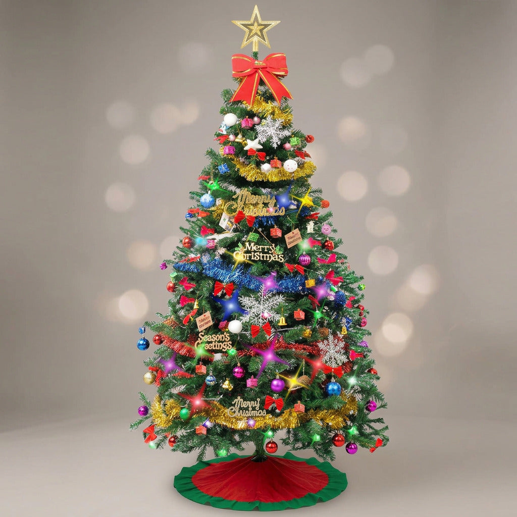 2.1M DIY Christmas tree set fully decorated with star topper, tinsel, 100-bulb coloured lights, ornaments and red and green tree skirt