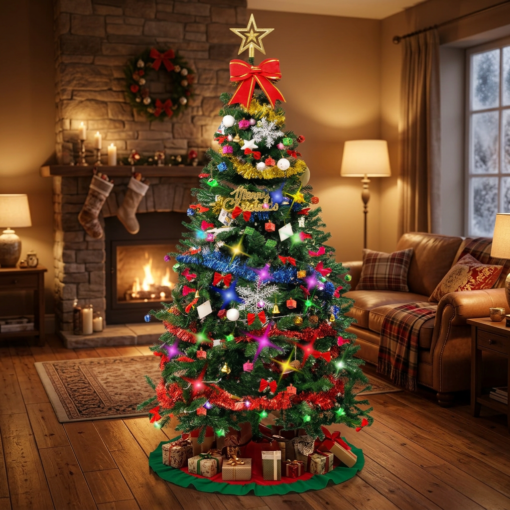 7 ft artificial Christmas tree decorated with gold star topper, red bow, lights and ornaments in a cozy living room by the fireplace