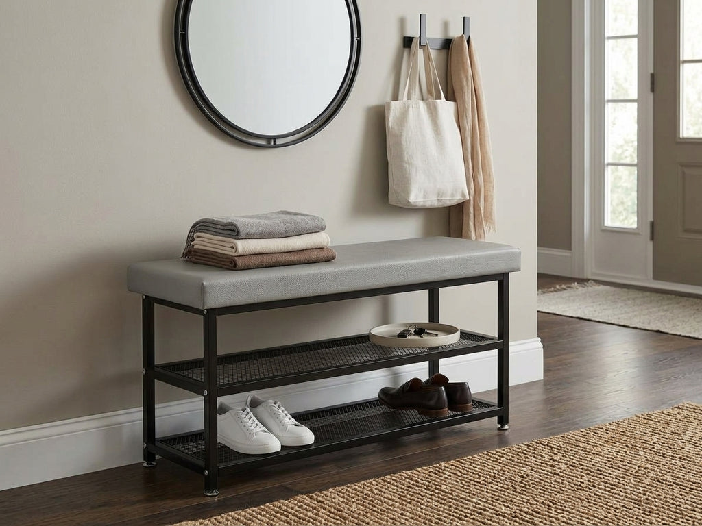 Grey cushion entryway shoe bench with black metal frame and 2 mesh shelves