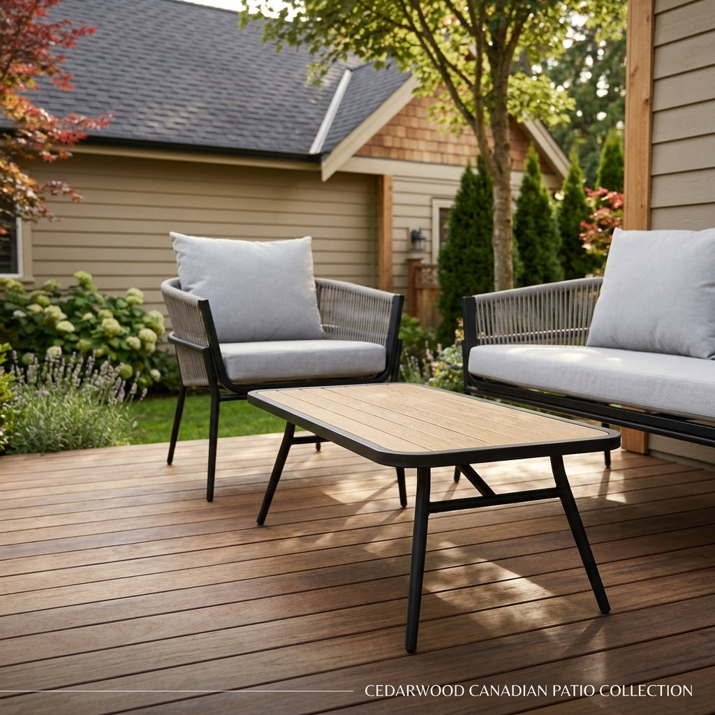 Teak-look slatted outdoor coffee table with black aluminium legs beside rope patio chairs