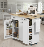 Rolling Kitchen Island Cart with Solid Rubber Wood Drop Leaf Countertop, Power Charging Station, Mobile Kitchen Storage Cabinet on Wheel - White Multi Market World Inc.