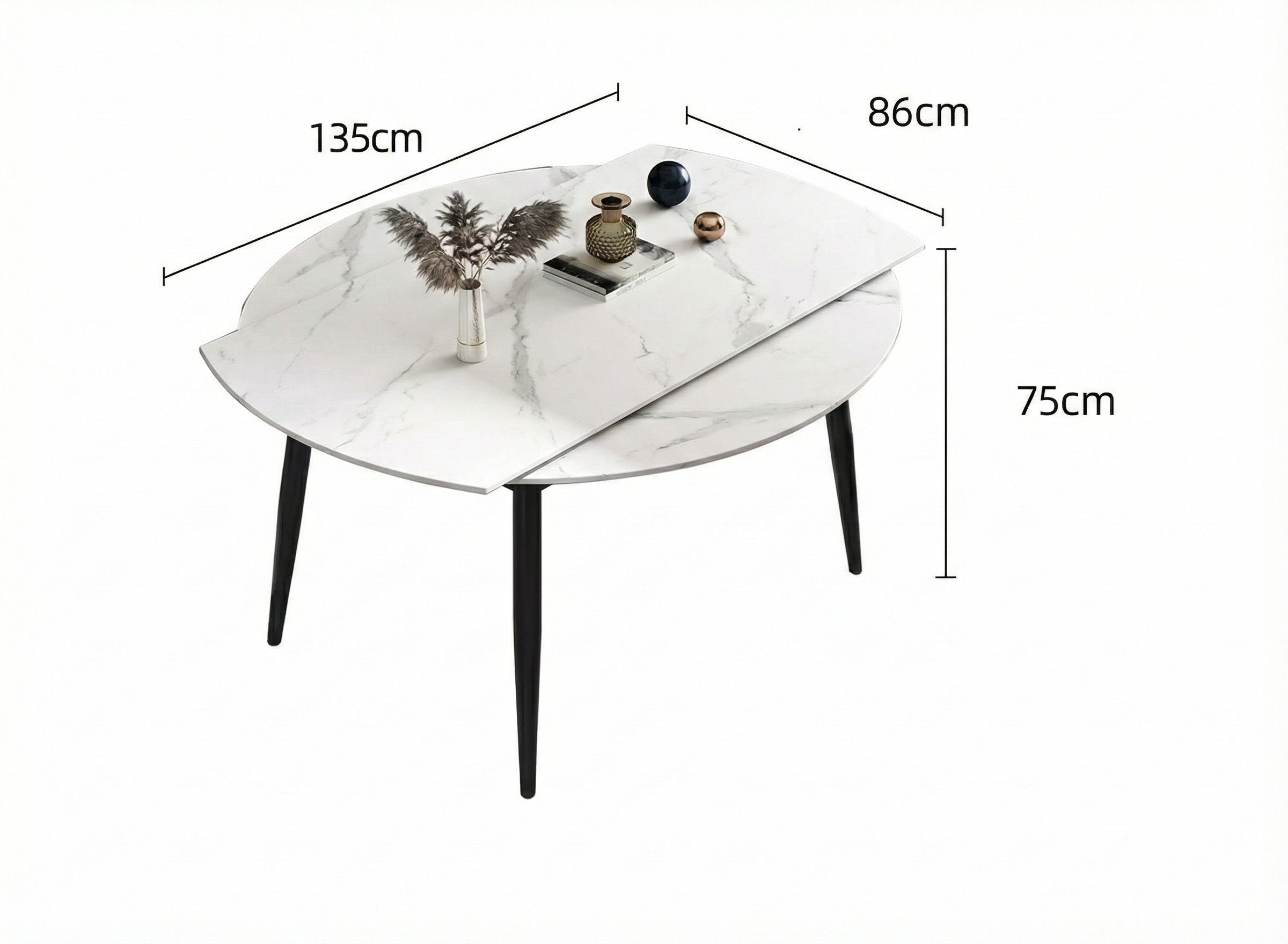 Round Sintered Stone Dining Table - Space-Saving Drop Leaf Design, 135cm to 86cm Width, Black Tapered Legs, White/Grey Multi Market World Inc.