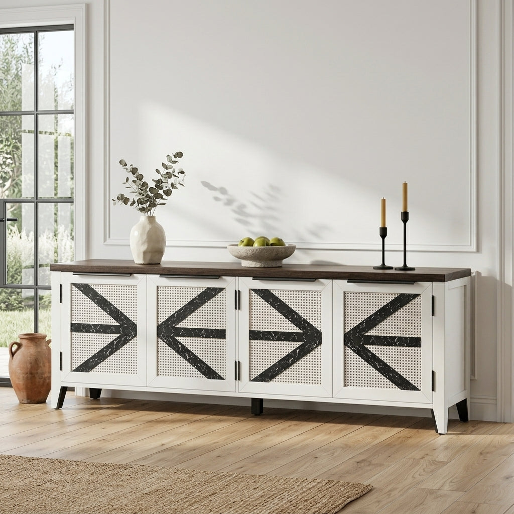 White 70 inch farmhouse TV stand with dark brown top and 4 rattan doors with black arrow trim