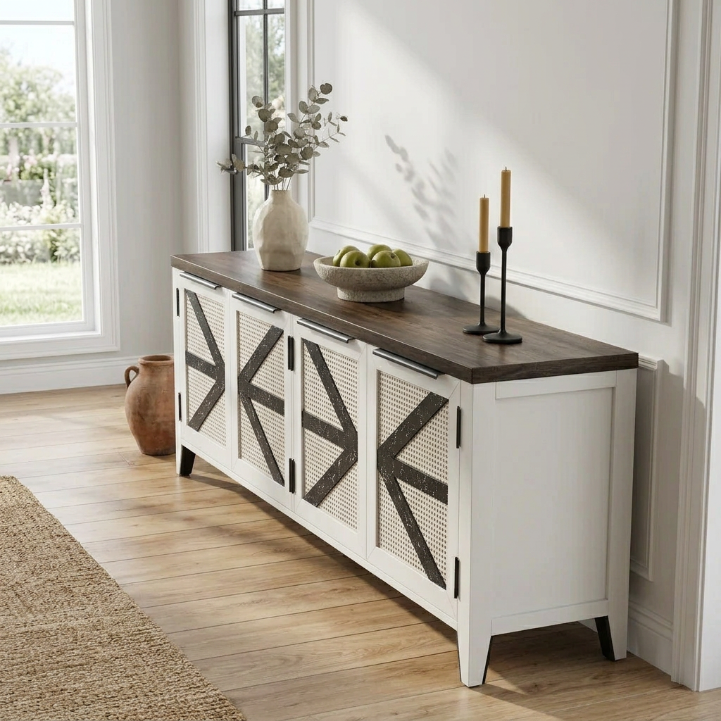 White rattan TV stand used as a buffet with candles and fruit bowl, side angle