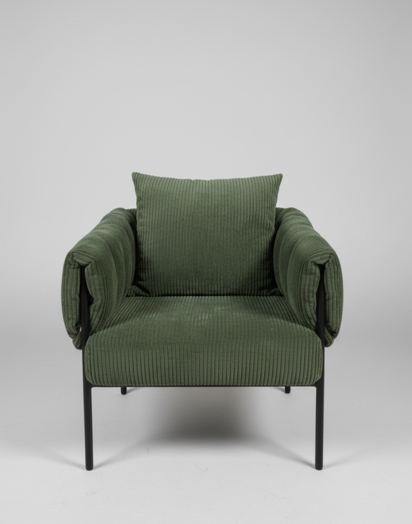 Sage Corduroy Accent Chair - Cozy Oversized Armchair with Matte Black Metal Frame - Mid-Century Industrial Reading Chair Multi Market World Inc.