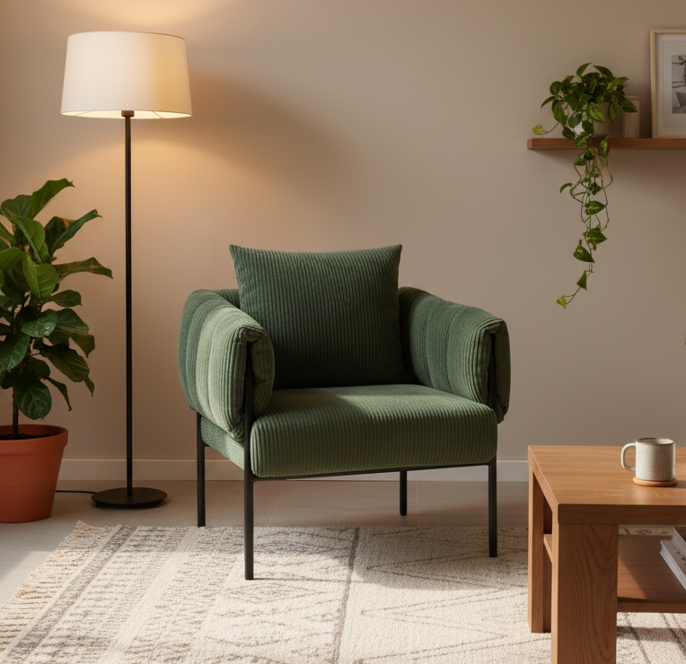 Sage Corduroy Accent Chair - Cozy Oversized Armchair with Matte Black Metal Frame - Mid-Century Industrial Reading Chair Multi Market World Inc.