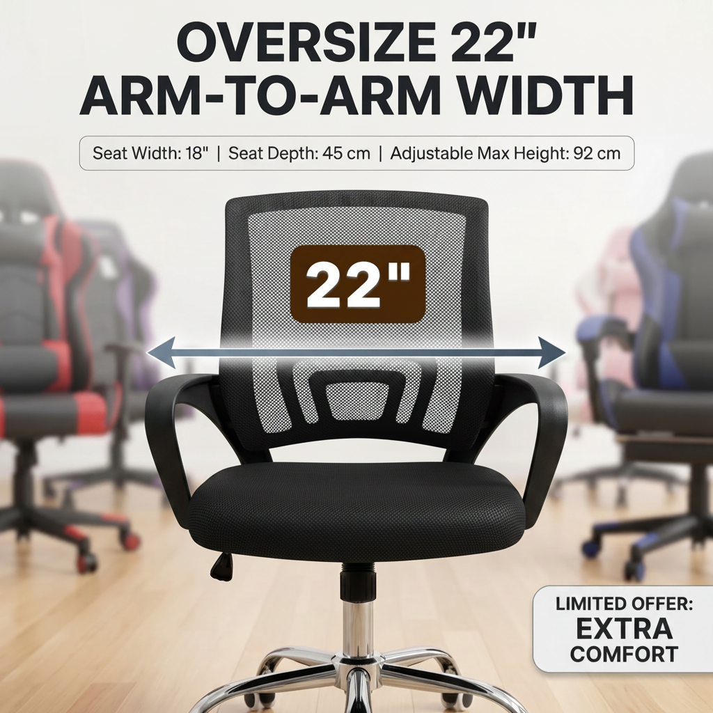 Oversized Mesh Office Chair, 22" Wide Armrests, Heavy-duty Metal Chome Base, light grey Multi Market World Inc.