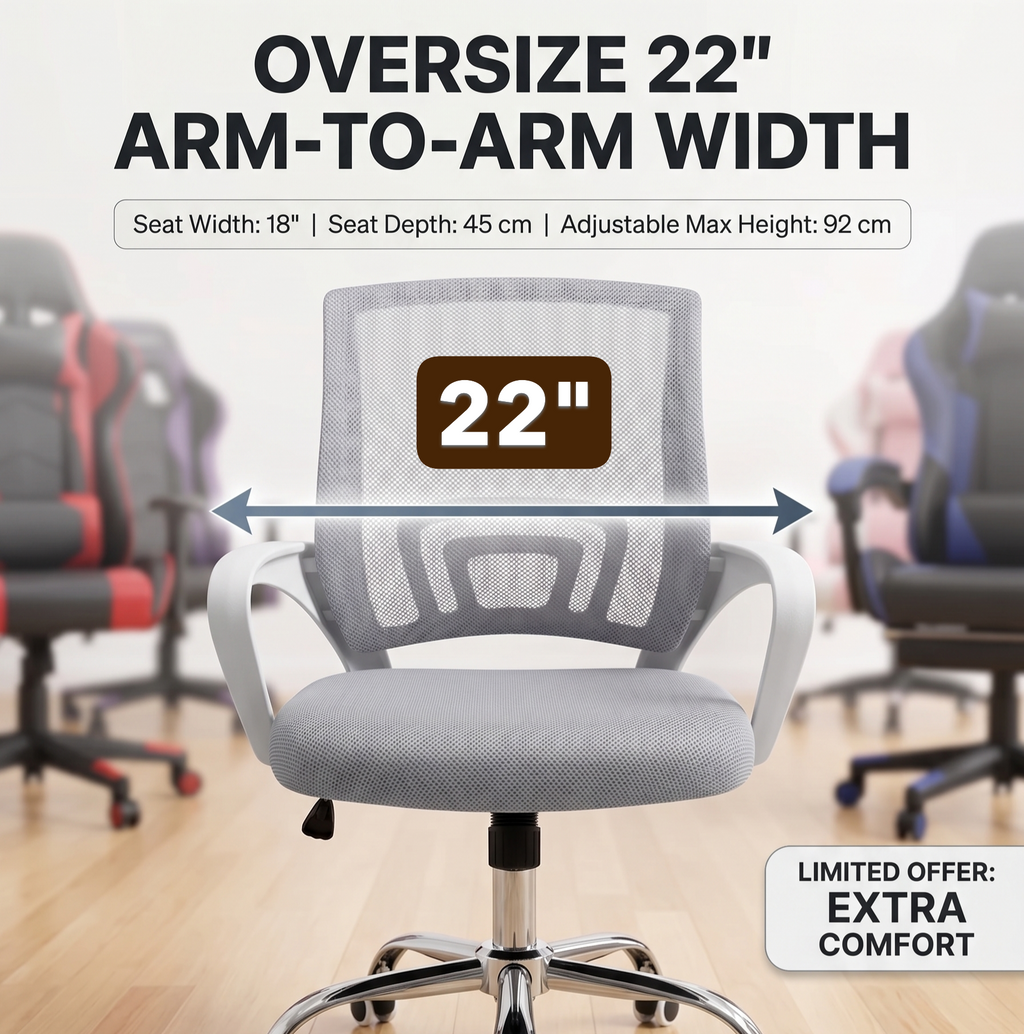 Oversized Mesh Office Chair, 22" Wide Armrests, Heavy-duty Metal Chome Base, light grey Multi Market World Inc.