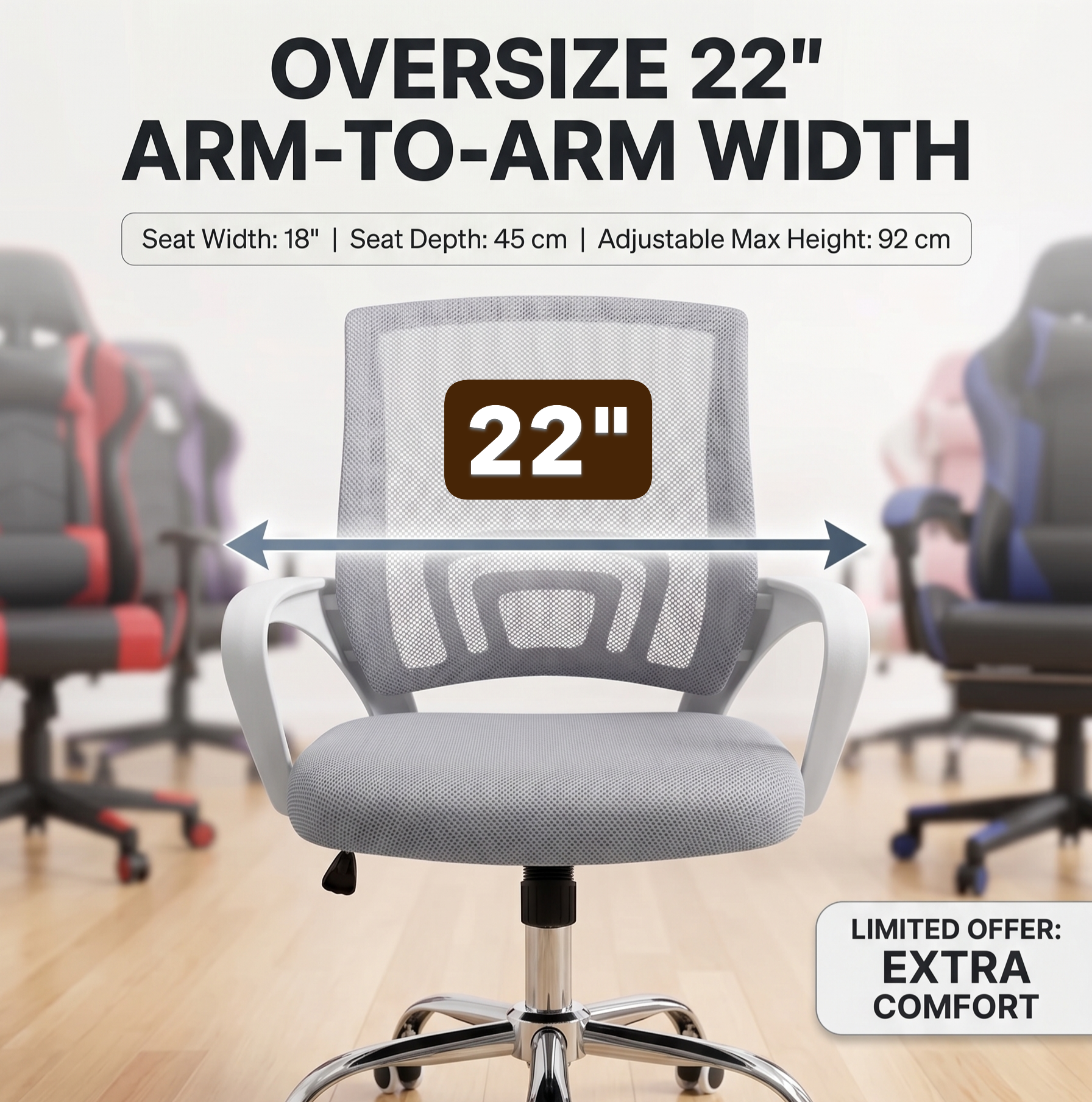 Oversized Mesh Office Chair, 22" Wide Armrests, Heavy-duty Metal Chome Base, light grey Multi Market World Inc.