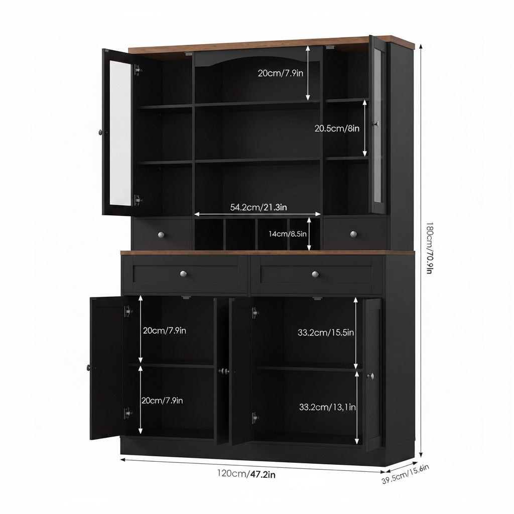 180cm Height Large Storage Cabinet with Glass Doors, Hutch, and Drawers – Black & Wood Finish Multi Market World Inc.