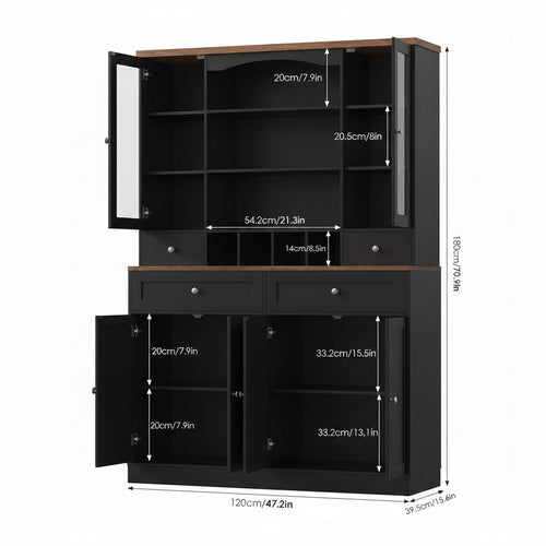 180cm Height Large Storage Cabinet with Glass Doors, Hutch, and Drawers – Black & Wood Finish Multi Market World Inc.