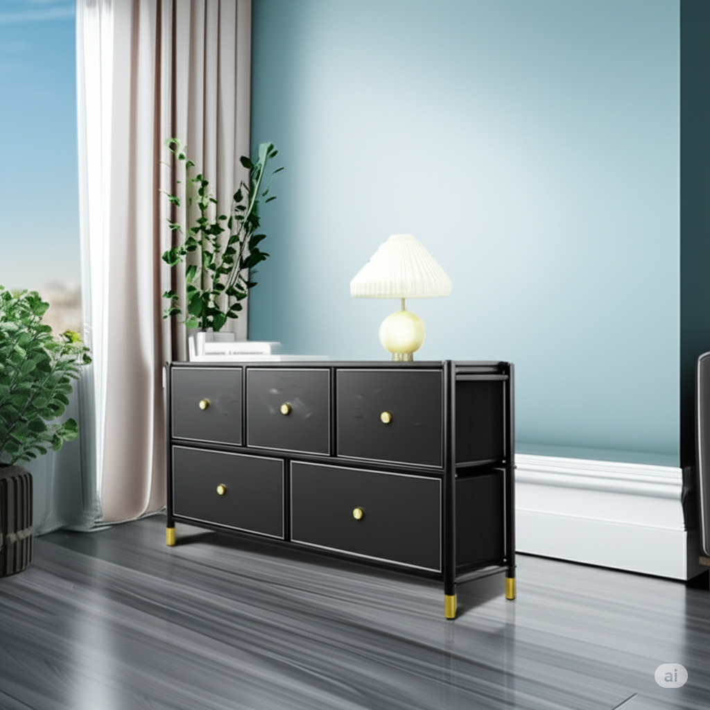 Black Luxury PU Leather 5-Drawer Dresser with Gold Accents