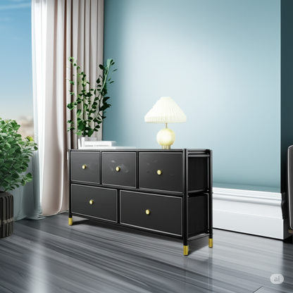 Black Luxury PU Leather 5-Drawer Dresser with Gold Accents
