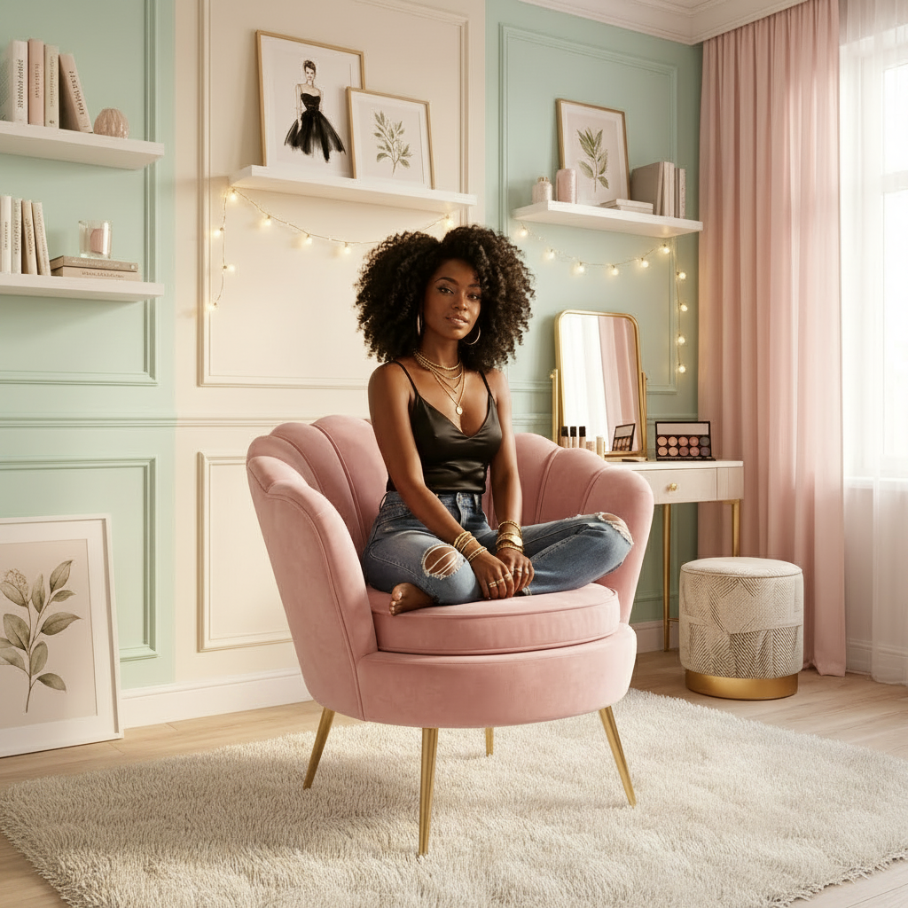 Oversized Aura Blush Pink Velvet Scalloped Accent Chair with Gold Legs Multi Market World Inc.