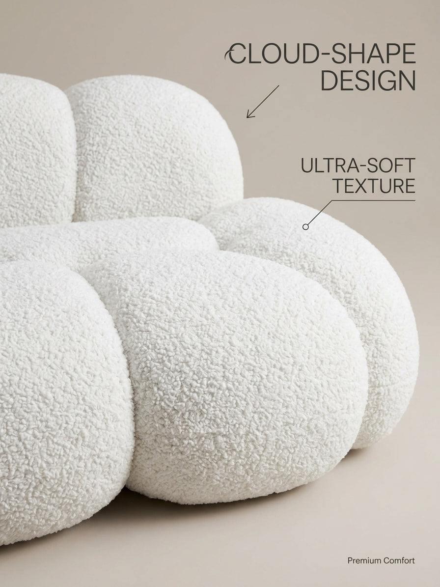 Close-up of ultra-soft teddy boucle texture and rounded cloud-shape cushions