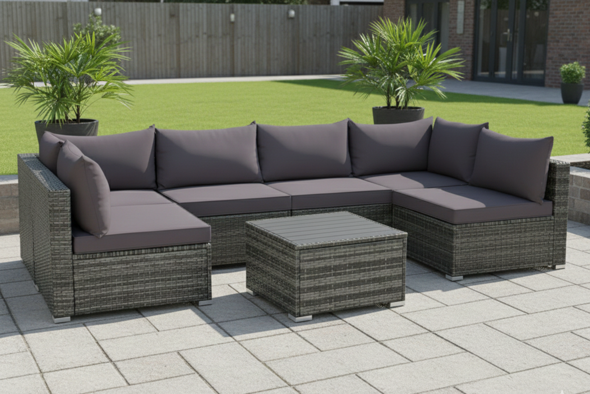 7-Piece Patio Sectional Sofa Set with Coffee Table, Dark Grey Woven Wicker, U-Shaped Outdoor Furniture with Extra Thick Cushions (fd) Multi Market World Inc.