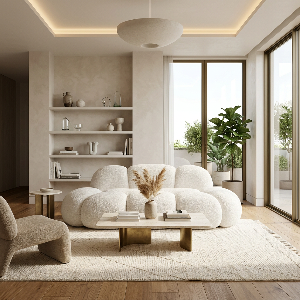 Cream teddy boucle cloud-shape sofa in a bright living room with coffee table and shelves