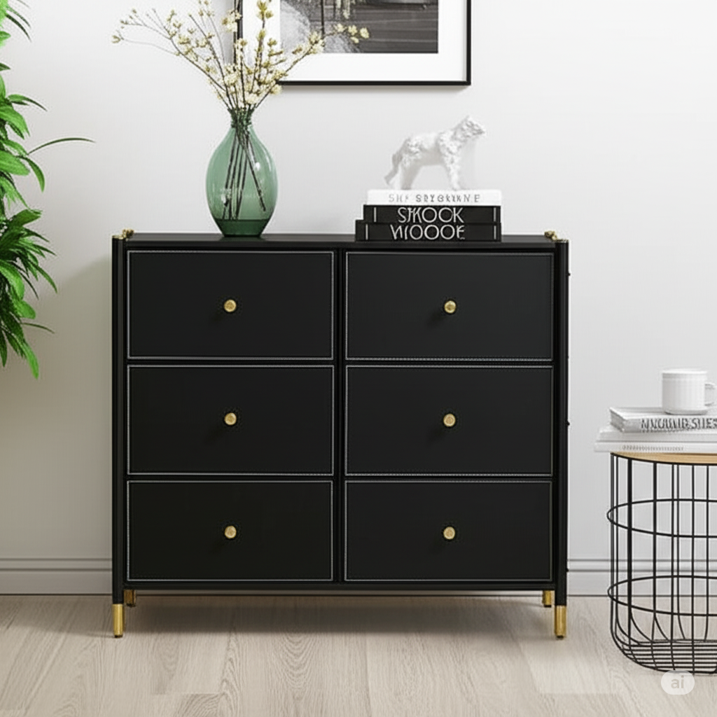 Black Luxury PU Leather 6-Drawer Dresser with Gold Accents
