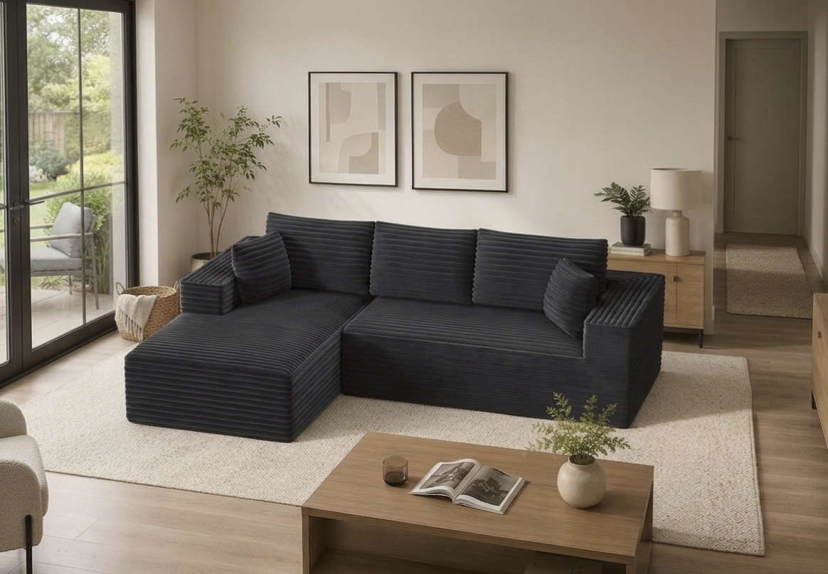 Modern living room with a dark blue sectional sofa, wooden coffee table, and decorative elements.