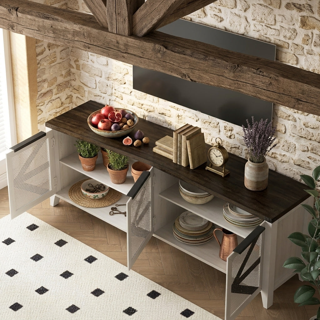 White farmhouse sideboard with doors open showing adjustable shelves with plates and plants