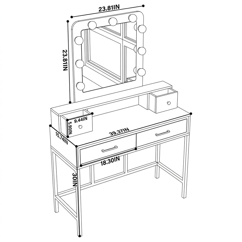 39.37" Makeup Vanity Desk with Lighted Mirror, Wood & Metal Frame, Storage Drawers & LED Bulbs Multi Market World Inc.