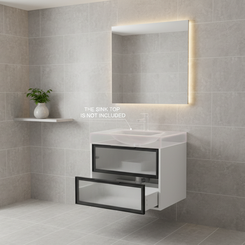 30" Modern Wall-Mounted Bathroom Vanity Cabinet with Fluted Glass Drawers, Floating Floating Sink Base (Sink Top Not Included) - Matte White & Black Multi Market World Inc.