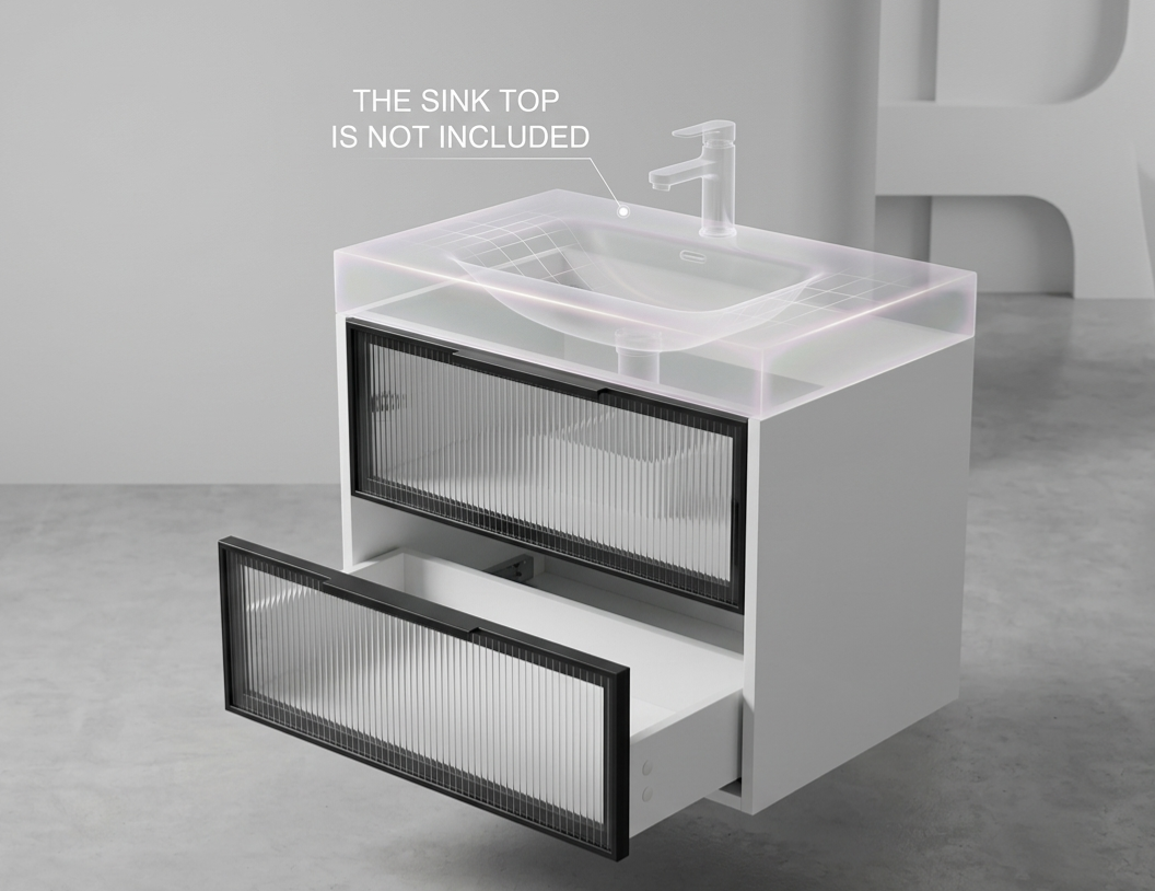 30" Modern Wall-Mounted Bathroom Vanity Cabinet with Fluted Glass Drawers, Floating Floating Sink Base (Sink Top Not Included) - Matte White & Black Multi Market World Inc.