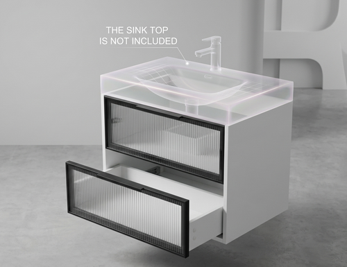 30" Modern Wall-Mounted Bathroom Vanity Cabinet with Fluted Glass Drawers, Floating Floating Sink Base (Sink Top Not Included) - Matte White & Black Multi Market World Inc.