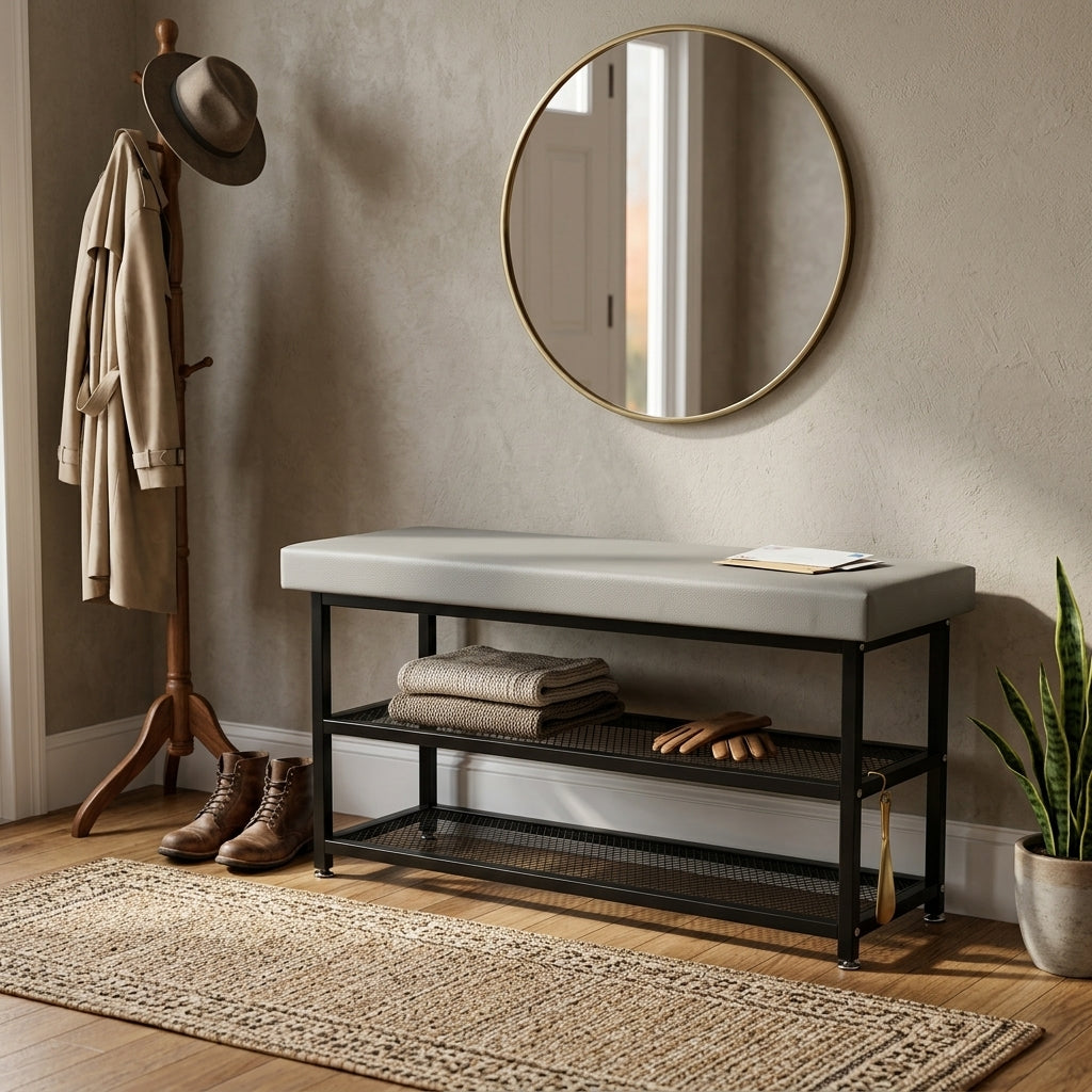 Grey entryway shoe bench with storage shelves, 100 cm long