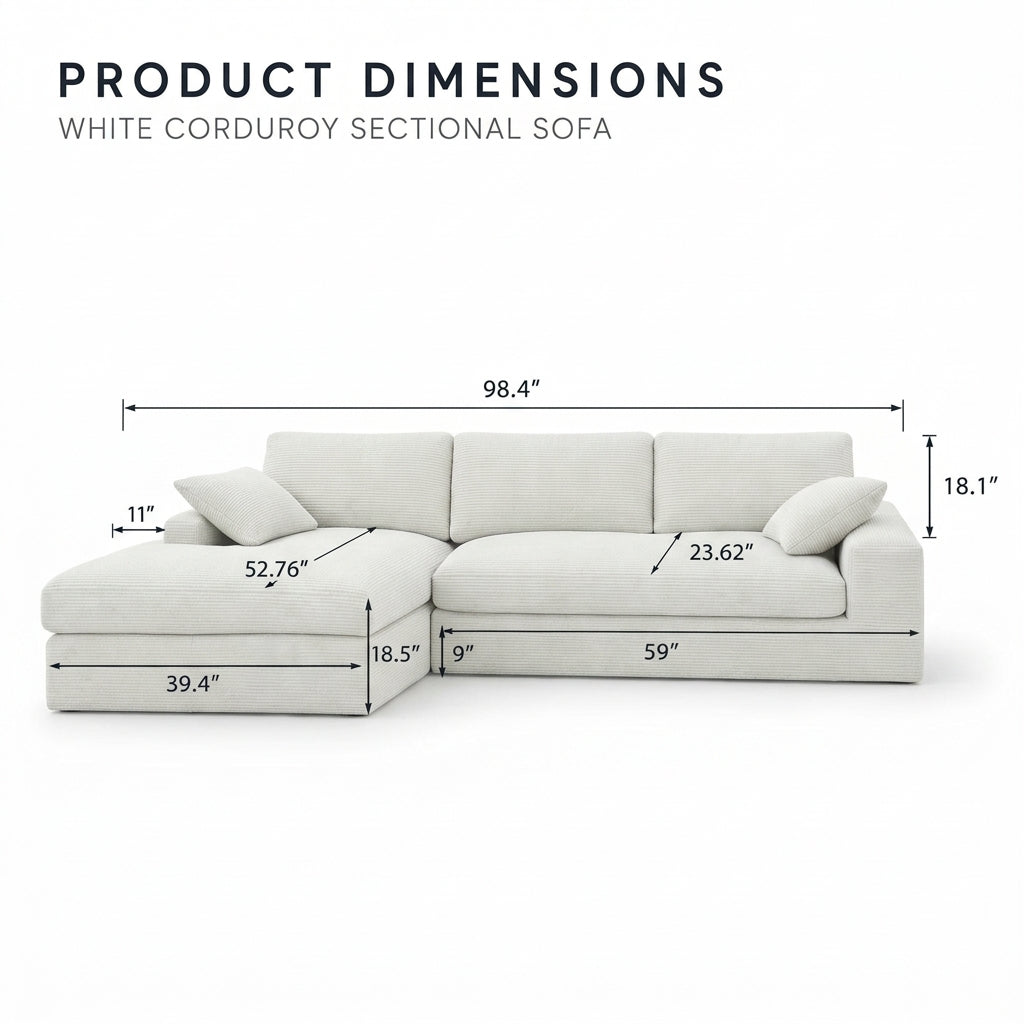 98.4" Boneless Sectional Sofa with Lounge Chaise, Soft Corduroy, Off-White Multi Market World Inc.
