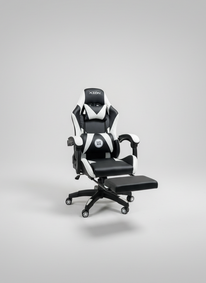 Ergonomic Gaming Chair with Footrest -   Racing Style PC Chair - High-Back PU Leather Swivel Desk Chair - Adjustable Lumbar/Headrest  - Black/White