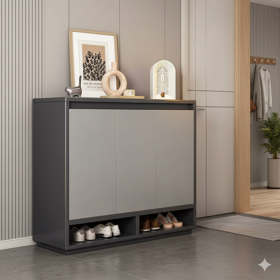 Shoe Storage Cabinet, 90 cm Wide, 3 Doors with Open Shelf, Minimalist Entryway Organizer, Grey Multi Market World Inc.