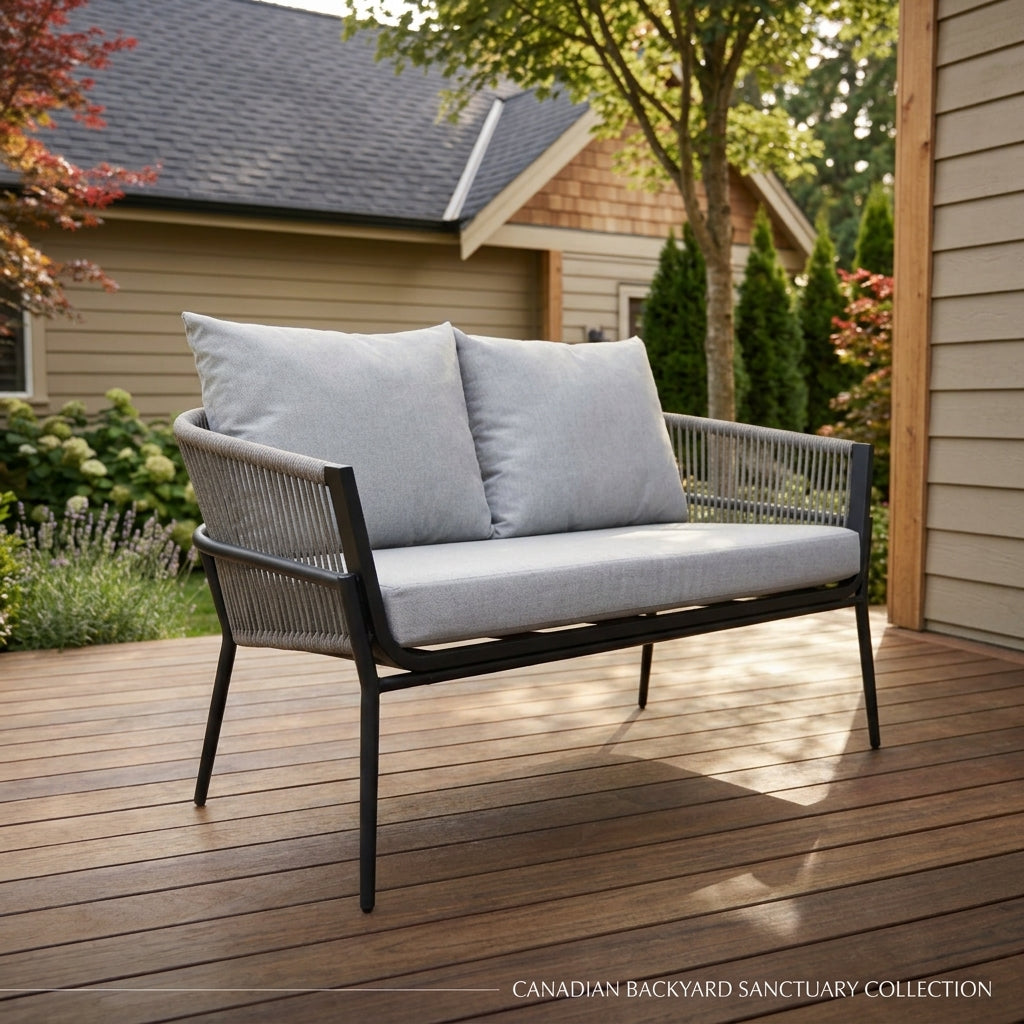 Rope woven 2-seat patio loveseat with grey seat and back cushions