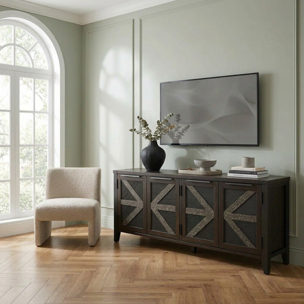 Walnut 70 inch rattan TV stand with wall-mounted TV in a sage green living room