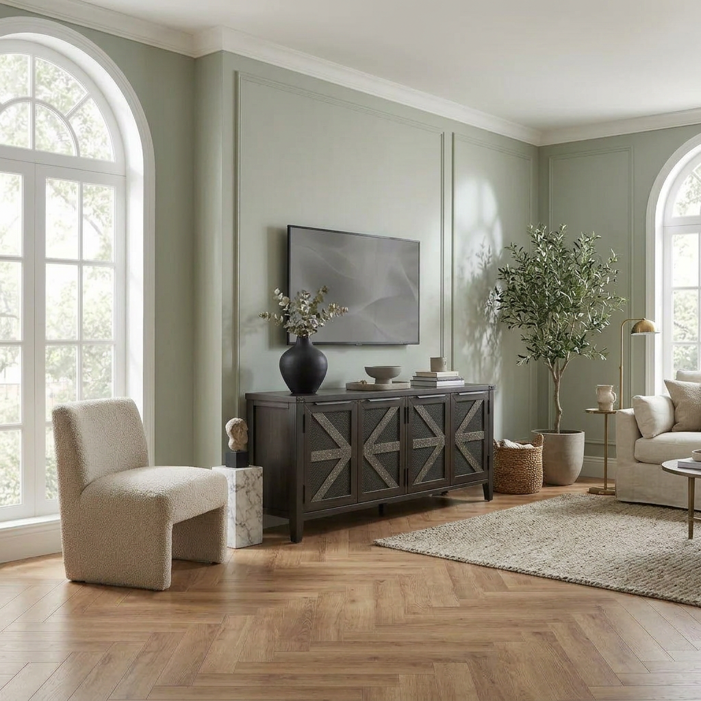 Walnut low-profile TV stand in a bright living room with boucle chair and olive tree