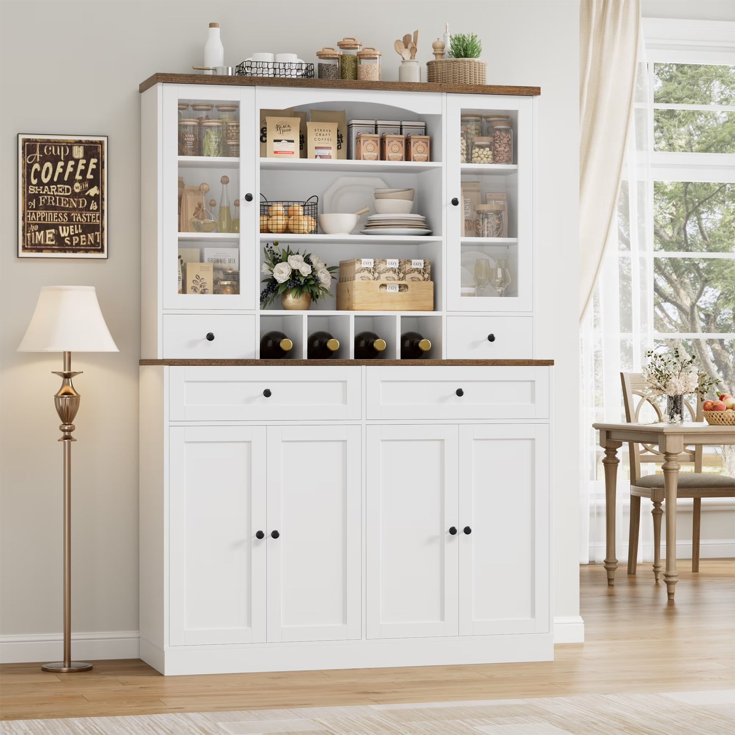 70.9'' Kitchen Pantry Cabinet, Freestanding Cupboard with Removable Wine Rack and Shelves, for Living Dining Room, White