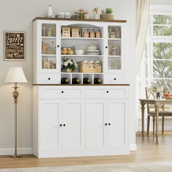 70.9'' Kitchen Pantry Cabinet, Freestanding Cupboard with Removable Wine Rack and Shelves, for Living Dining Room, White