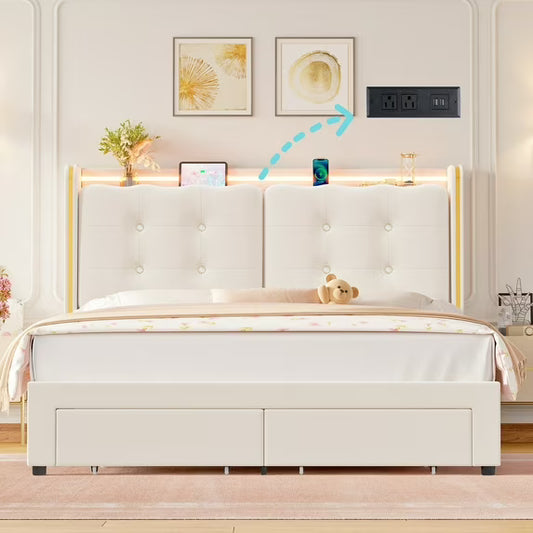 Queen Size LED Bed Frame with Drawer, Velvet Crystal Button Upholstered Platform Bed Frame with Outlets and USB Ports & Display Platform, No Box Spring Needed, Beige
