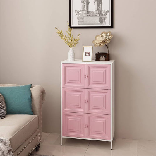 6-Cube Storage Cabinet with Doors, Freestanding Multipurpose Cabinet with Legs for Living Room, Bedroom, and Entryway, Pink and White