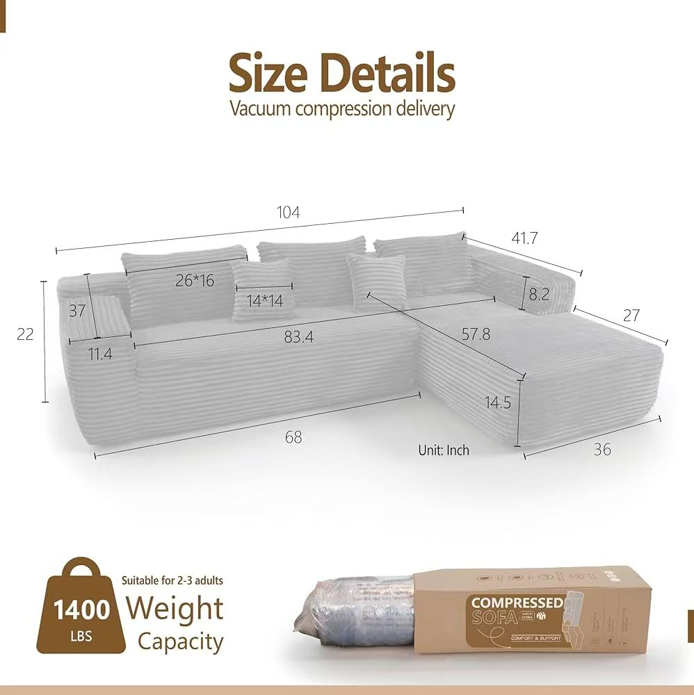 L-shape Sofa Bed, 104", Compressed Memory Foam Couch, boneless couch, pickup