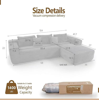 L-shape Sofa Bed, 104", Compressed Memory Foam Couch, boneless couch, pickup