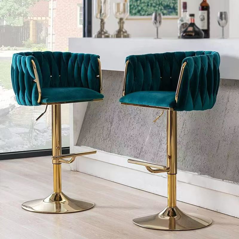 MMW Velvet Adjustable Bar Stool with Gold Base, Tufted High Back Swivel Bar Chair with Armrests for Kitchen Counter and Home Bar