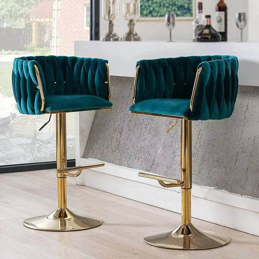 MMW Velvet Adjustable Bar Stool with Gold Base, Tufted High Back Swivel Bar Chair with Armrests for Kitchen Counter and Home Bar
