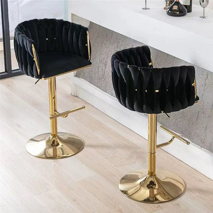 MMW Velvet Adjustable Bar Stool with Gold Base, Tufted High Back Swivel Bar Chair with Armrests for Kitchen Counter and Home Bar