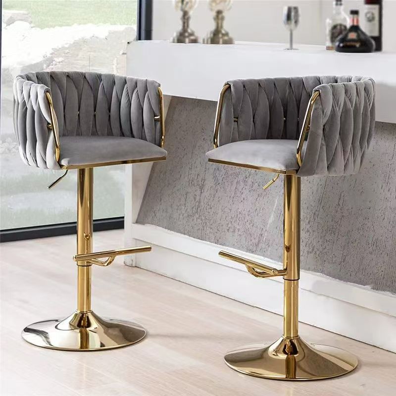 MMW Velvet Adjustable Bar Stool with Gold Base, Tufted High Back Swivel Bar Chair with Armrests for Kitchen Counter and Home Bar