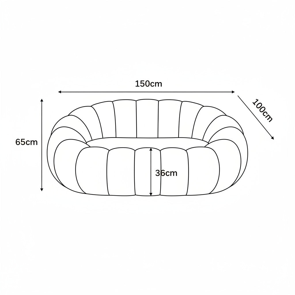 A mustard yellow pet bed with a ribbed, scalloped edge design, shown with dimension lines and labels indicating a width of 150cm, height of 65cm, depth of 100cm, and cushion height of 36cm on a white background.